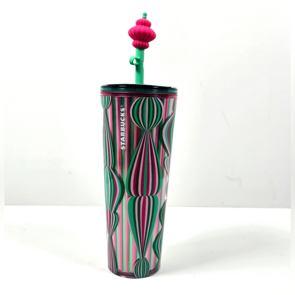 Starbucks Whimsical holiday 2024 pink green tumbler with straw and topper nwt
